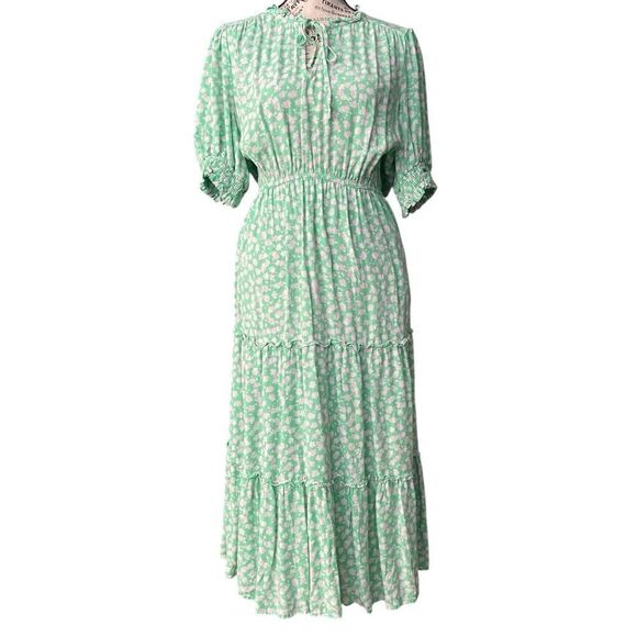 Who What Wear Green Floral Midi Puff Elbow Sleeve Dress in Size Large - Picture 2 of 14